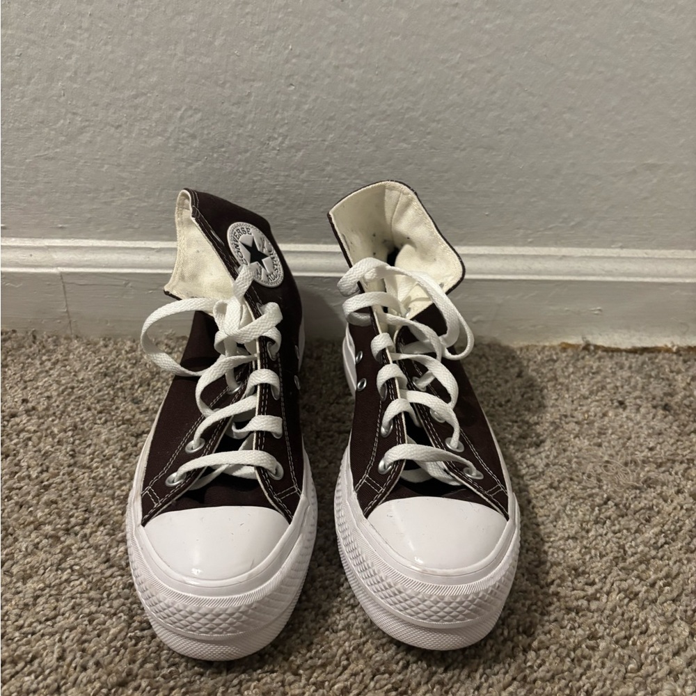 Kids High-Top Canvas Sneakers in Dark Brown and White - Picture 2 of 3